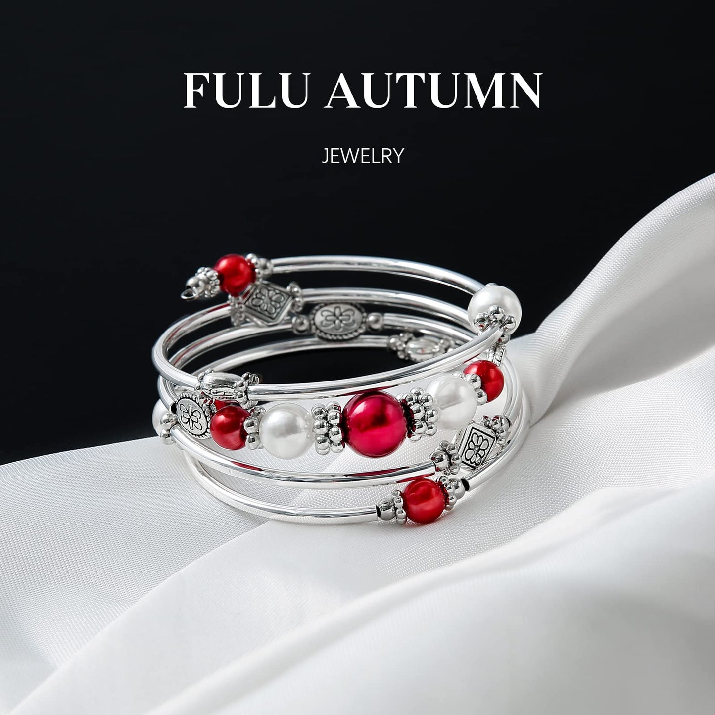 FULU AUTUMN Beaded Pearl Bangle Bracelets for Women Silver Wrap Bangles Bracelet Womens Costume Jewelry Fashion Gift(18-Red)