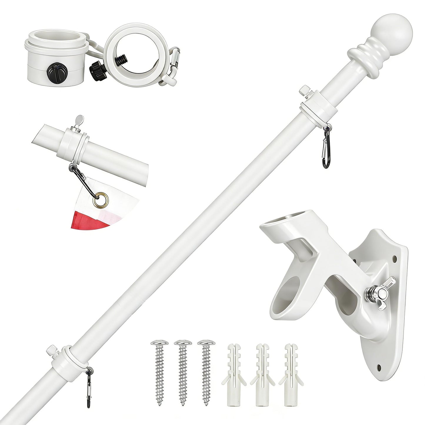 Hoffen 6FT Flag Pole Kits for Outside House with Upgraded Bracket, Stainless Steel Wall Mount Tangle FlagPole Without America Flags for Residential or Commercial (White)