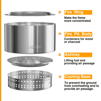 20 Inch Smokeless Fire Pit with Removable Ash Pan, Fire Pits for Outside Wood Burning, Portable Bonfire Outdoor Firepit, Bag & Poker Included, Stainless Steel, Camping Backyard (9KG) (No Legs)