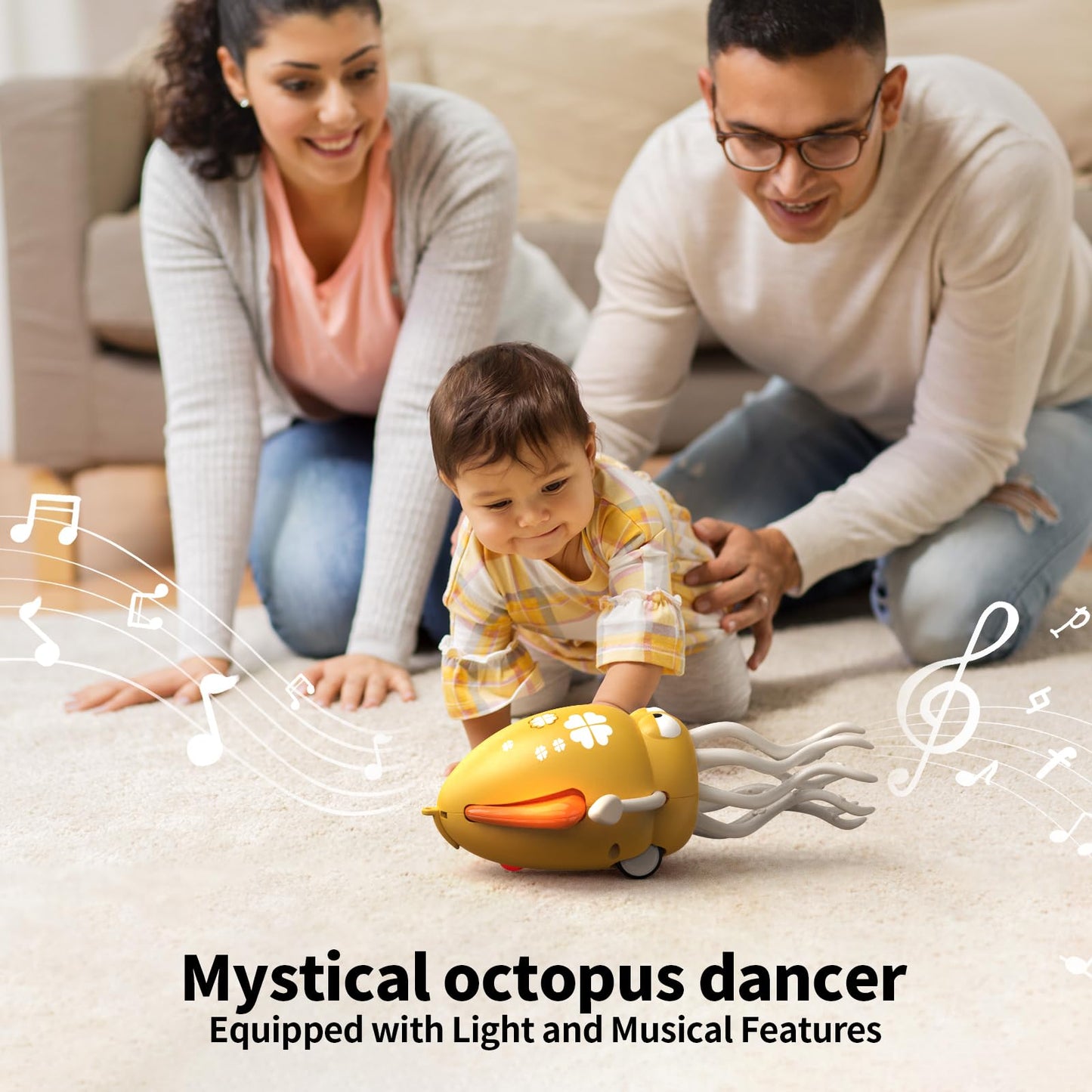 SWTOIPIG Electric Dancing Octopus Toy with Led Light and Music, Kids Electric Crawling Octopus Tummy Time Toys, Rechargeable Interactive Sensory Toy, for Christmas Birthday Gift(Yellow)
