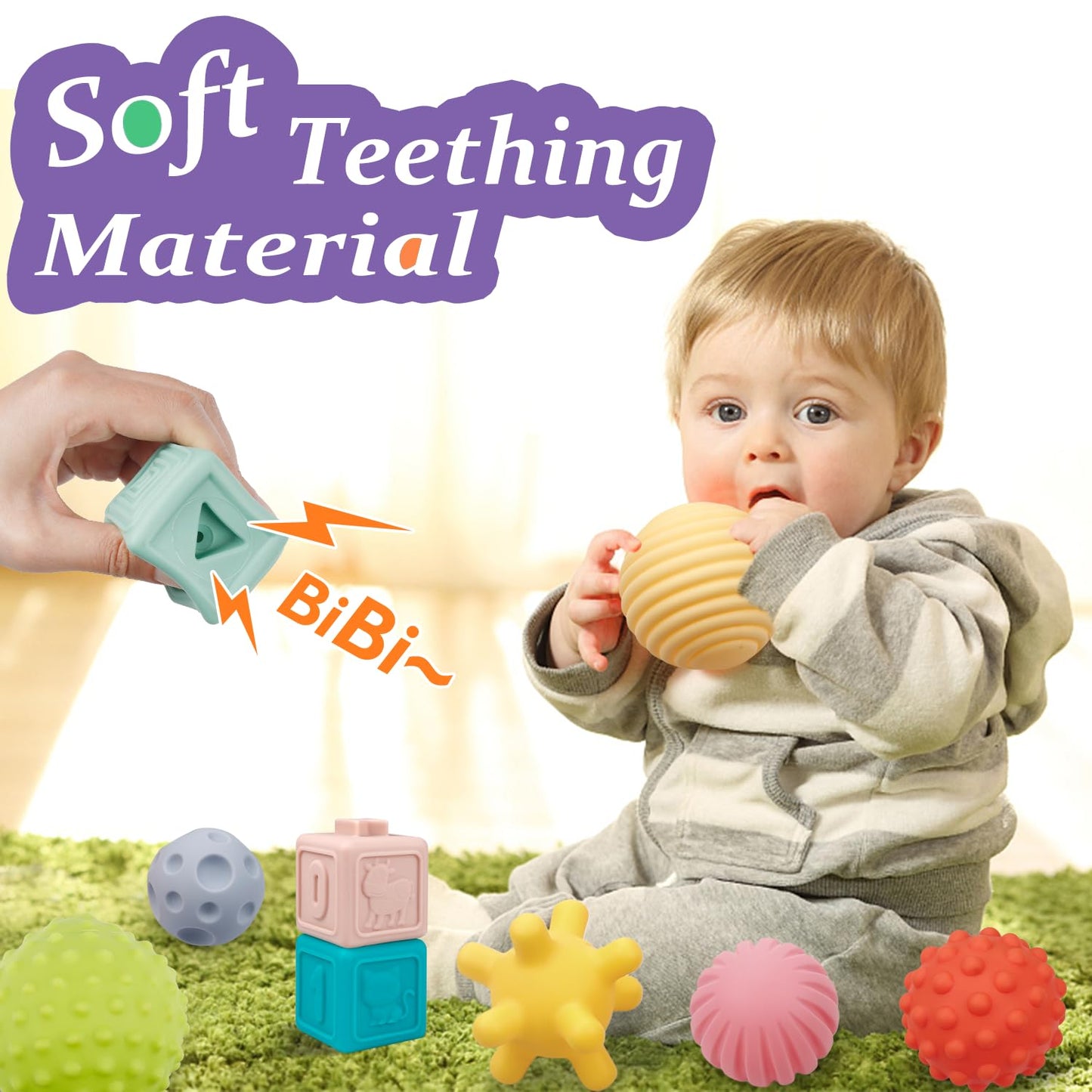 Montessori Baby Toys - Soft Baby Blocks, Stacking Rings & Sensory Balls, 24Pcs 3-in-1 Teething Toys Set for Babies 6-12 Months, Building Blocks Easter Birthday for Boys Girls