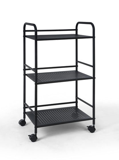 SunnyPoint 3-Tier Rolling Utility Cart – Metal Storage Organizer with Wheels, Mobile Kitchen Cart, Office & Home Organizer, Black, 12" D x 16.92" W x 31.1" H