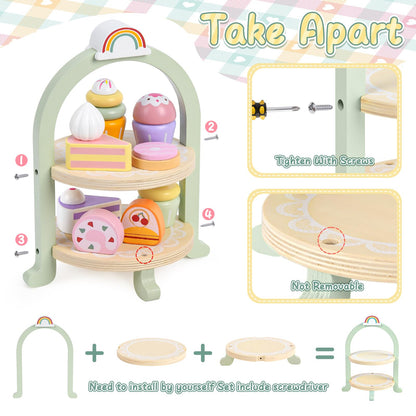 Lonico Wooden Tea Party Set for Little Girls Toddler Tea Set with Cupcake Stand & Food Dessert, Play Kitchen Accessories for Toddlers 2 3 4 5 6 Years Old, Wooden Toys Birthday Kids Girls Gifts 3-6