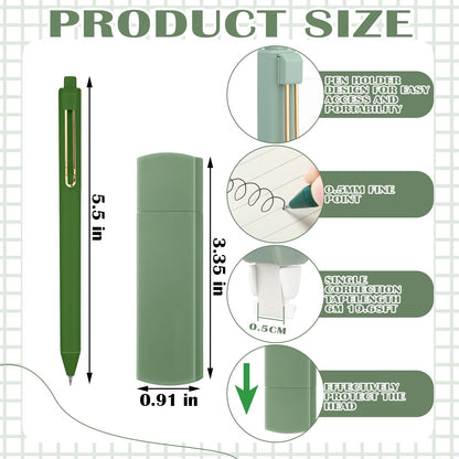 Resurhang Aesthetic Stationery Set Supplies Sticky Notes Set 6 Mini Correction Tapes 6 Retractable Black Ink Pens 0.5mm Fine Point Paper Corrective Pen Self Stick Index Tabs(Green)