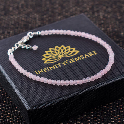 YANARA Rose Quartz Bracelet for Women, Natural Pink Gemstone Beads Dainty Jewelry, April Birthstone, Energy Healing Crystals, Silver Plated Chain 8 inch Adjustable, Birthday Valentines Day Gifts For Her