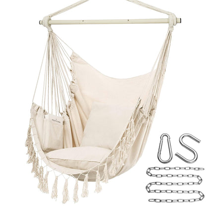 Y- STOP Hammock Chair Hanging Rope Swing, Max 500 Lbs, 2 Cushions Included, Large Macrame Hanging Chair with Pocket for Superior Comfort, with Hardware Kit (Beige)