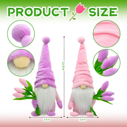 KnomeKo Tulip Gnome Spring Decor, 2Pcs Spring Home Decorations for Farmhouse Table Tiered Tray Decor, Gift Gnomes for Women, Mother