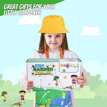Magic4U Kids Gardening Tools Set, 22 Pcs Metal Garden Tools Toys with Apron, Gloves, Wood Handle Shovel, Rake, Hoe and Leaf Rake, Outdoor Digging Toys Gifts for Kids Age 3+