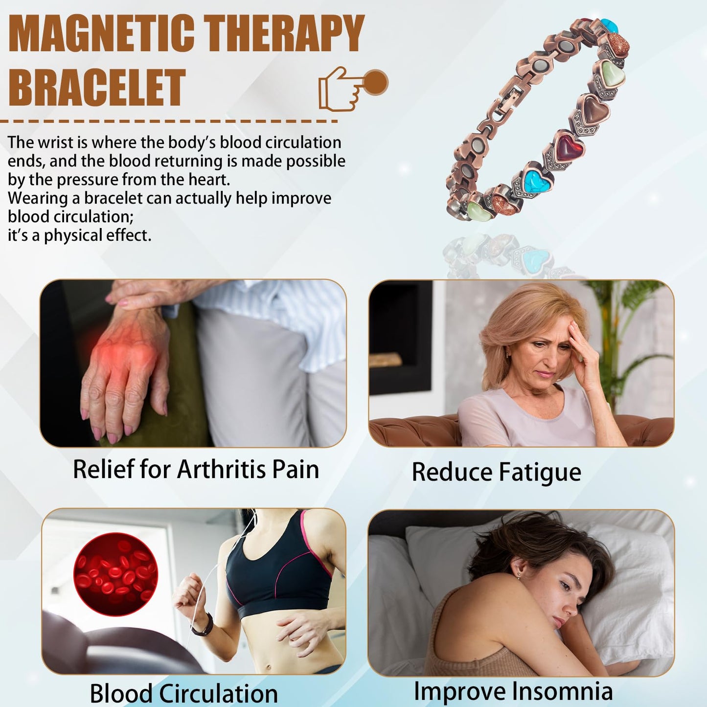 EnerCoppeX Copper Magnetic Bracelet for Women - Turquoize Detox Jewelry with 3500 Gauss Magnet (N)