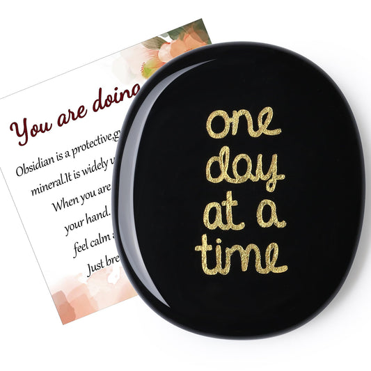 QINJIEJIE One Day at A Time Black Obsidian Worry stone Healing Crystal Thumb Stone Thinking of You Gifts for Anxiety Relief Items You Got This Inspirational for Friend Encouragement Gift for Women Men