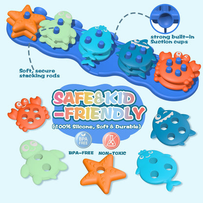 Silicone Baby Bath Toys – Stackable, Shape-Sorting Floating Set with 10 Mold-Free Textured Pieces, No-Hole Design – Early Learning Bathtub Toys for Toddlers and Kids