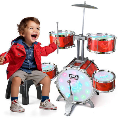 Toddlers Drum Set for Kids 1-3 3-5 with Stool Toys, Higher Bracket of Musical Drum Toys for Toddlers, Red Drumset for Girls Boys 2-4 4-6 Years