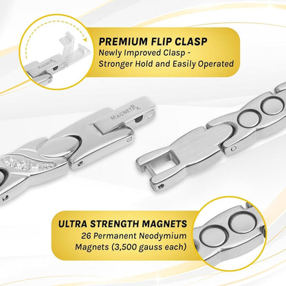 MagnetRX® Ultra Strength Magnetic Bracelets for Women – Double Magnet Stainless Steel Crystal Bracelet for Women – Adjustable Bracelet Length with Sizing Tool (Silver)