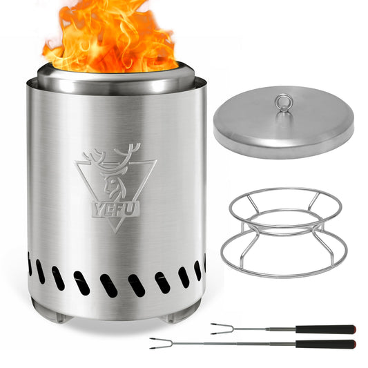 YEFU Tabletop Fire Pit 7.5 x 5.5 in, Low Smoke Camping Stove for Outdoor & Patio, Fueled by Pellets or Wood, Safe Burning Table Top Firepit, with Travel Bag & 2 Mini Sticks & Fireproof Mat, Silver