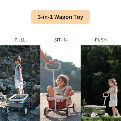 kidpop PULA-Wild 3-in-1 Kids' Pull-Along Wagon Toddlers Push Walker for 2.5-8, Removable Wooden Cover and Adjustable Handlebar, Birthday Gifts Max Weight 33 lbs (Green)