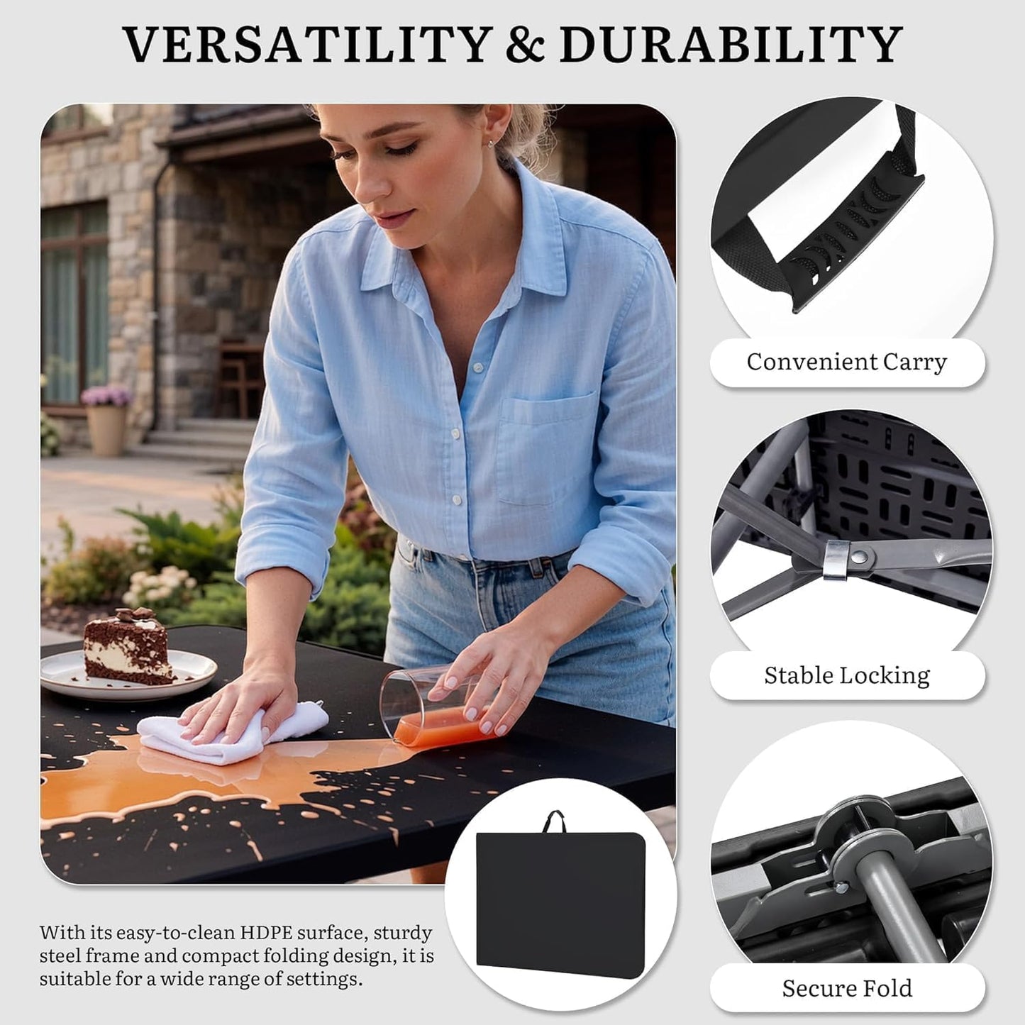 YITAHOME 6ft Folding Table w/1.38" Thick Tabletop Heavy Duty, Portable Outdoor Folding Table w/Carrying Handle for Camping Picnic Parties/Indoor Events, Black