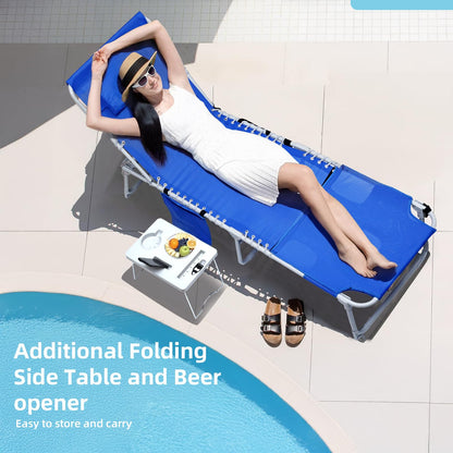 Yestomo 3-in-1 Sun Tanning Chair with Face Holes, Breathable Chaise Lounge Chair Outdoor, 5-Position Recliner, Lay Flat, Folding Side Table, Removable Pillow, Max 330lbs, Beach, Patio, Camping, Blue