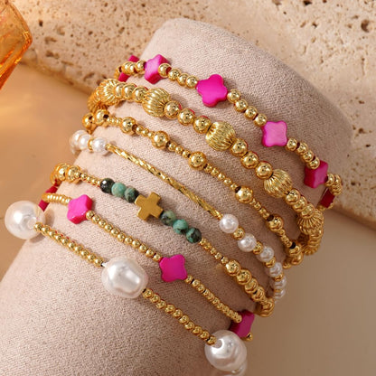 SHINUS BOHO 14K Gold Beaded Pink Clover Stackable Bracelets for Women,7PCS/Set Boho Cross Pearl Beads Stretch Bracelet Stack Fashion Holiday Birthday Prom Jewelry Accessories Gift Friendship Sister