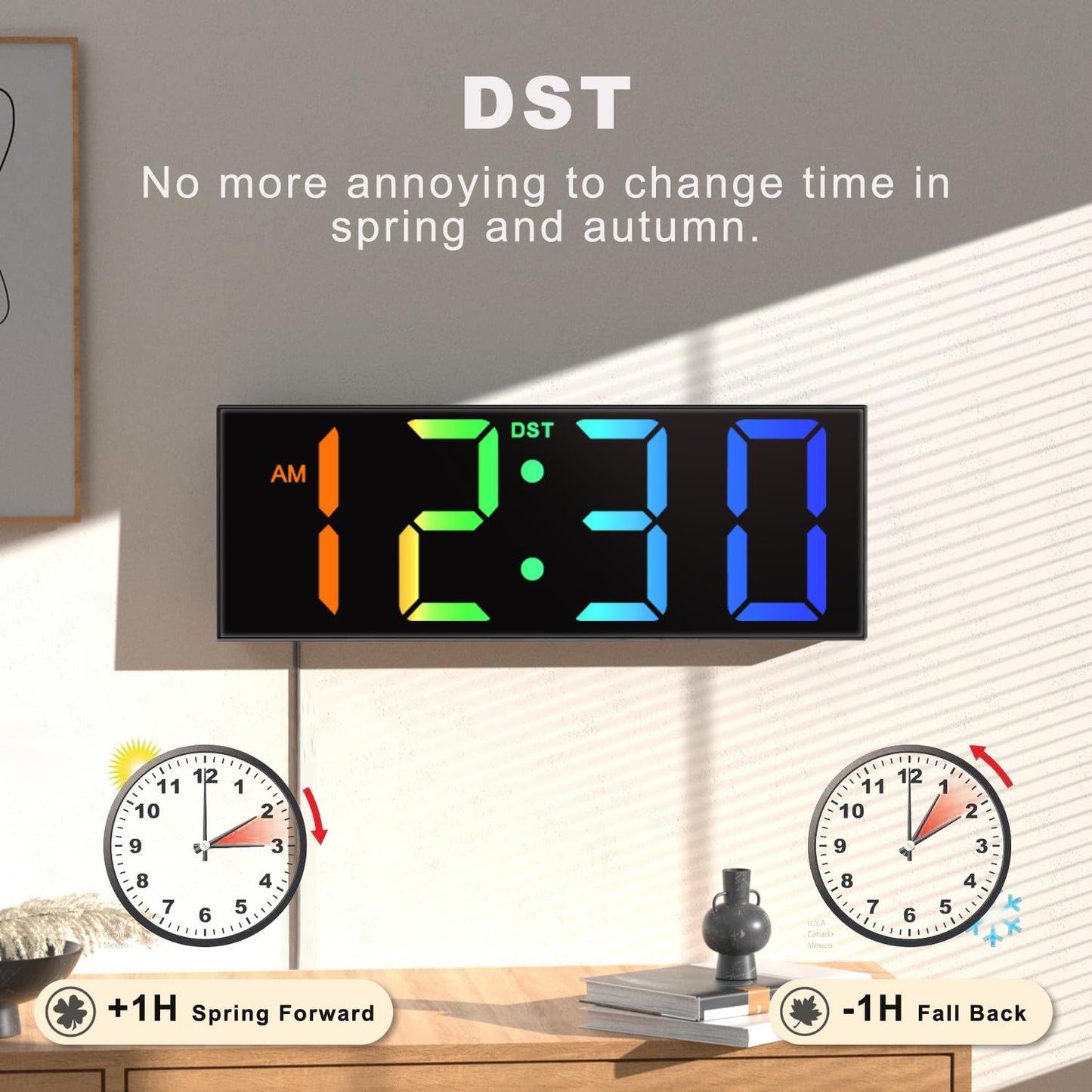 JALL 12'' Large Digital Wall Clock, Big LED Number Dispaly, RGB Colors, DST, Night Light for Classroom, Living Room, Bedroom, Mounted, Birthday Xmas Gift for Senior, Mem Womem Mom Dad