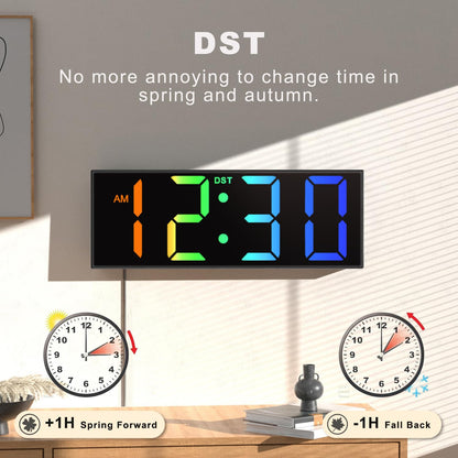 JALL 12'' Large Digital Wall Clock, Big LED Number Dispaly, RGB Colors, DST, Night Light for Classroom, Living Room, Bedroom, Mounted, Birthday Xmas Gift for Senior, Mem Womem Mom Dad