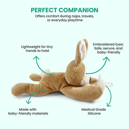 Detachable Rabbit Pacifier Holder - Soft Silicone Pacifier with Plush Animal - Removable, Machine Washable, BPA-Free for Babies 0-24 Months