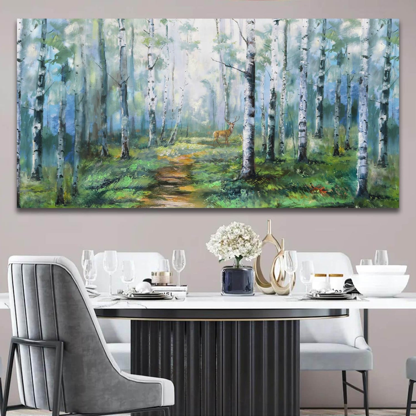 Enartly Birch Tree Wall Art for Living Room, Large Wall Decor Canvas Painting Green Forest Nature Picture Scenery Artwork Textured Framed for Bedroom Hallway Home Office Decoration 48"x24"