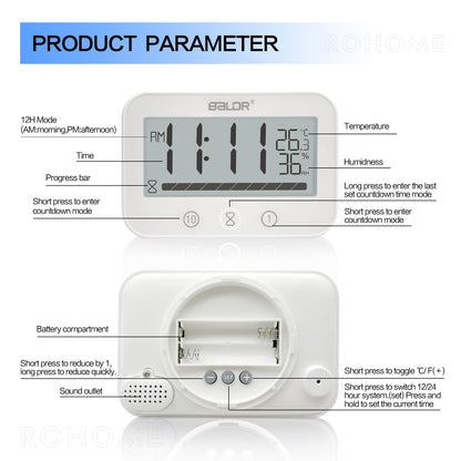 Rohome Waterproof Wall Hanging Timer Bathroom Clock, Large Digital Shower Mirror Suction Clock Thermometer Hygrometer, Visual Kitchen Cooking Countdown Timer, Bath Temperature Humidity Meter (White)