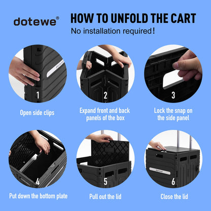 Folding Utility Cart Black Portable Rolling Crate Handcart Foldable Shopping Trolley Collapsible, with Lid, on Wheels, for Grocery, Garden, Office, Storage, Teacher, Tool (Black)
