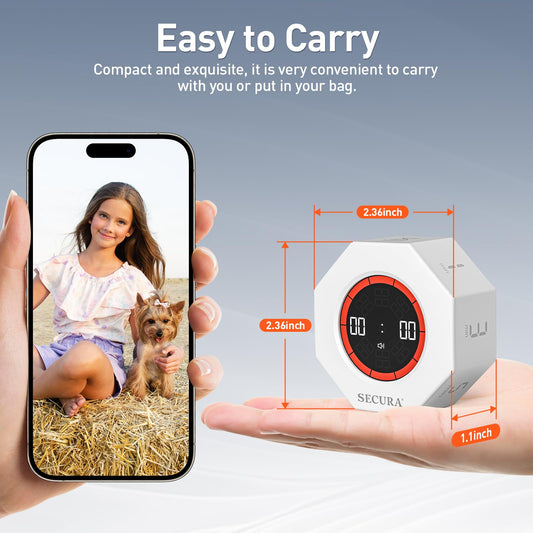Secura Pomodoro Timer, Rotating Cube Time Tracker, Flip Gravity Sensor with 7 Presets(1/3/5/10/15/30/60 Min), Visual Progress Bar for ADHD, Kids, Tasks, Work, Study (White)
