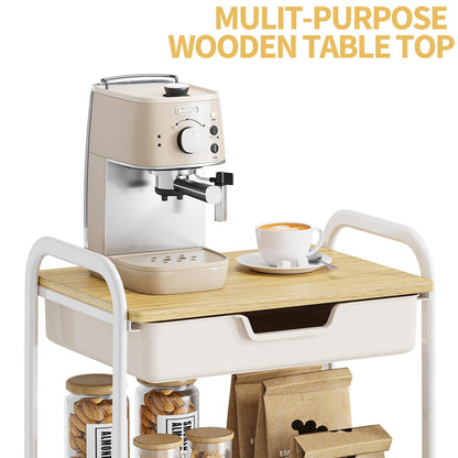 TOOLF 3-Tier Metal Utility Rolling Cart with Drawer and Wooden Table Top, Storage Cart White Trolley Kitchen Organizer Rolling Desk with Locking Wheels for Office, Classroom, Home, Bedroom