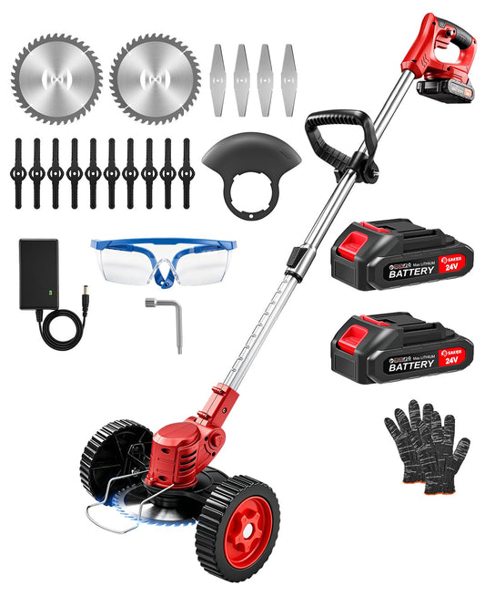 Saker 24V Cordless Weed Wacker, Electric Grass Trimmer Weed Eater with 2 Batteries, 3-in-1 Lightweight Brush Cutter/Lawn Mower/Edger with Wheels & 3 Types of Blades for Lawn, Garden & Yard Care(Red)