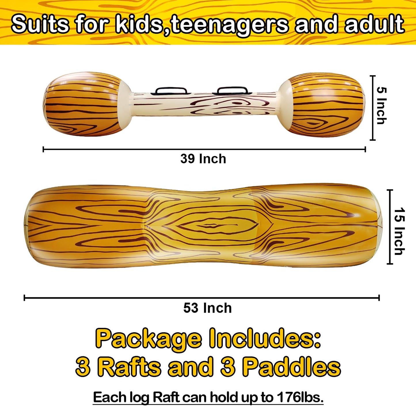 6 Pcs Jumbo Inflatable Battle Log Rafts Pool Toys for 3 Players Pool Games for Kids Adults,Inflatable Floating Row Pool Floats for Kids Ages 6-8,8-12,Adult and Family Summer Swimming Pool Party Beach