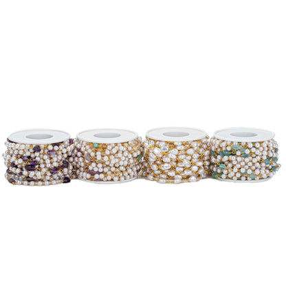 YoungJewl 2 Yards 5 mm Faux Pearl Crystal Stone Rosary Beads Garland with Brass Chain for Jewelry Making DIY Bracelet Necklace Sewing Crafts(Purple)