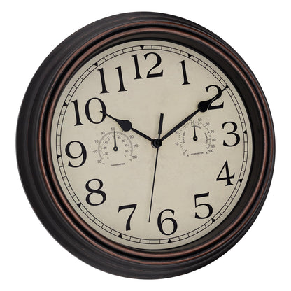 Foxtop Indoor Outdoor Waterproof Wall Clock with Thermometer and Hygrometer Combo, 14 Inch Retro Silent Non-Ticking Battery Operated Quartz Round Outdoor Clocks for Patio Home Office (Bronze)