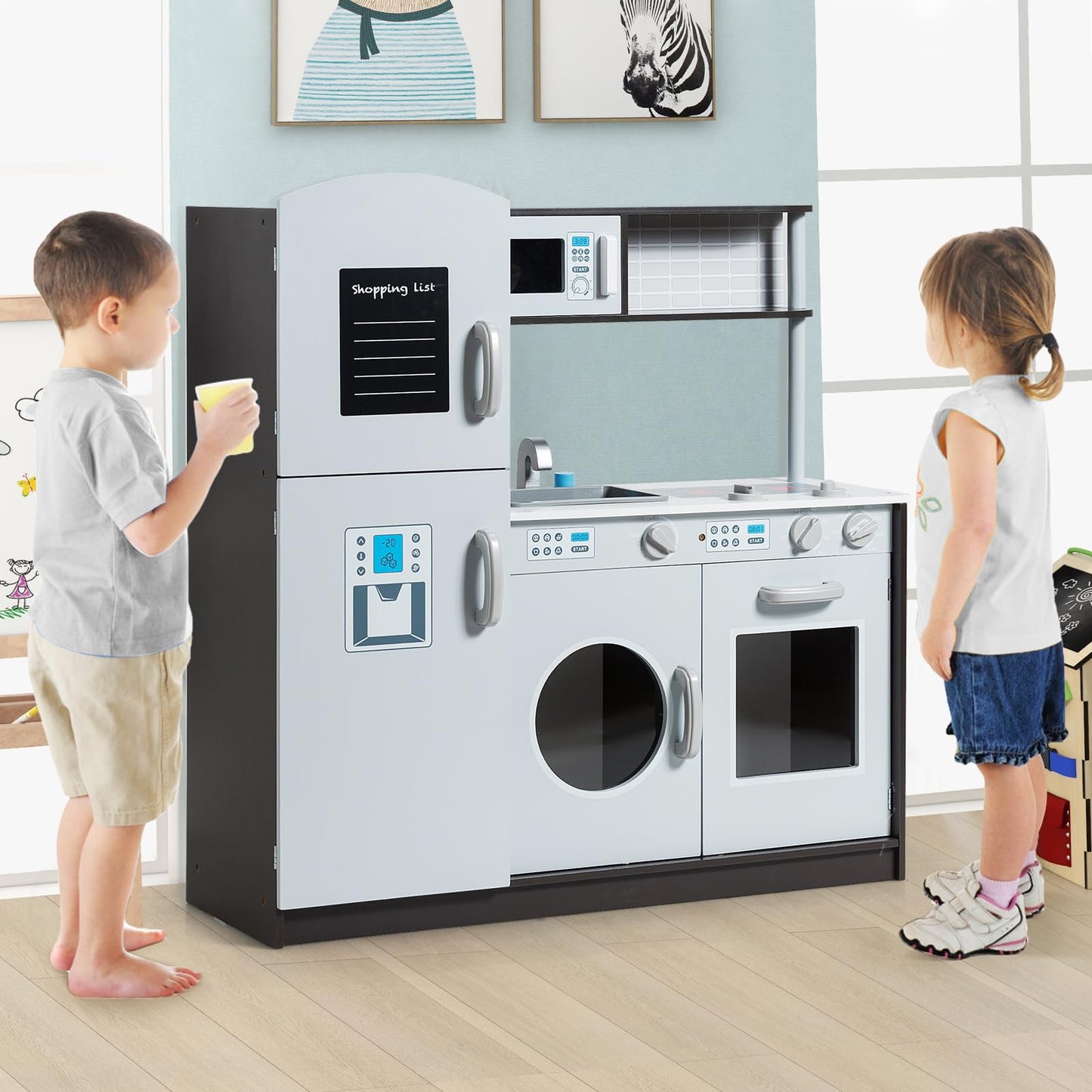 Costzon Kids Play Kitchen, Wooden Kids Kitchen Playset w/Realistic Sound, Microwave, Oven, Washing Machine, Refrigerator, Sink, Toy Kitchen, Gift for Boys Girls Age 3+