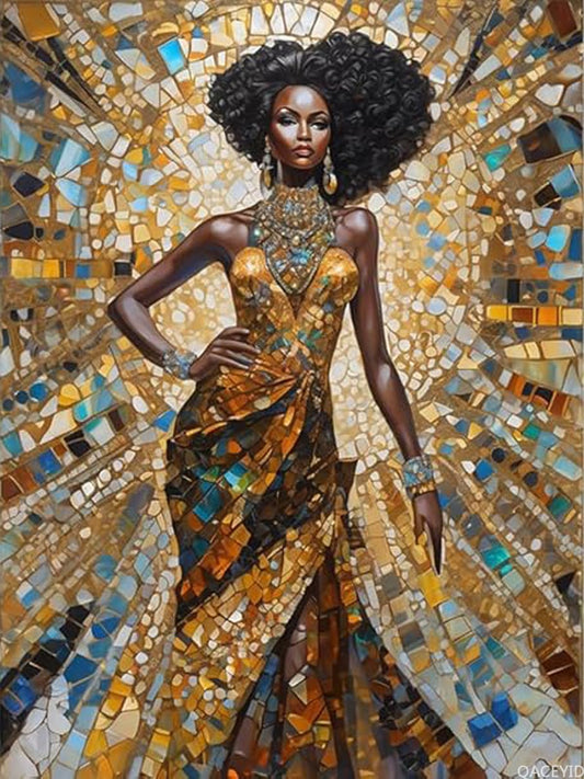 QACEYID Vintage Pretty Women Diamond Painting Kits, Women in Gold Mosaic Style 5D Diamond Painting DIY Full Drill Round Art Gems for Adults Beginners Home Wall Decoration 12x16 inch
