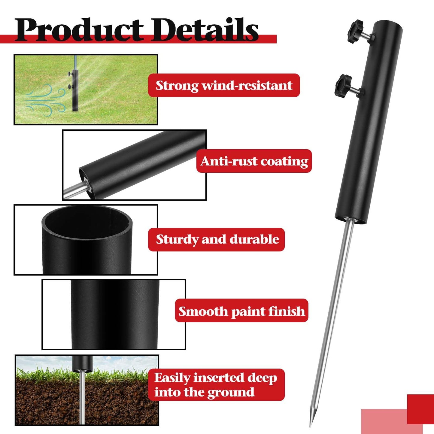 Wenfan Ground Mount for Portable Flagpole, Flag Poles for Outside House, 12 Inch Flag Spike with 12" Extended Tip Adjustable Inground Flagpole Ground Stake 1.65" Dia Beach Flagpole Holder, Black