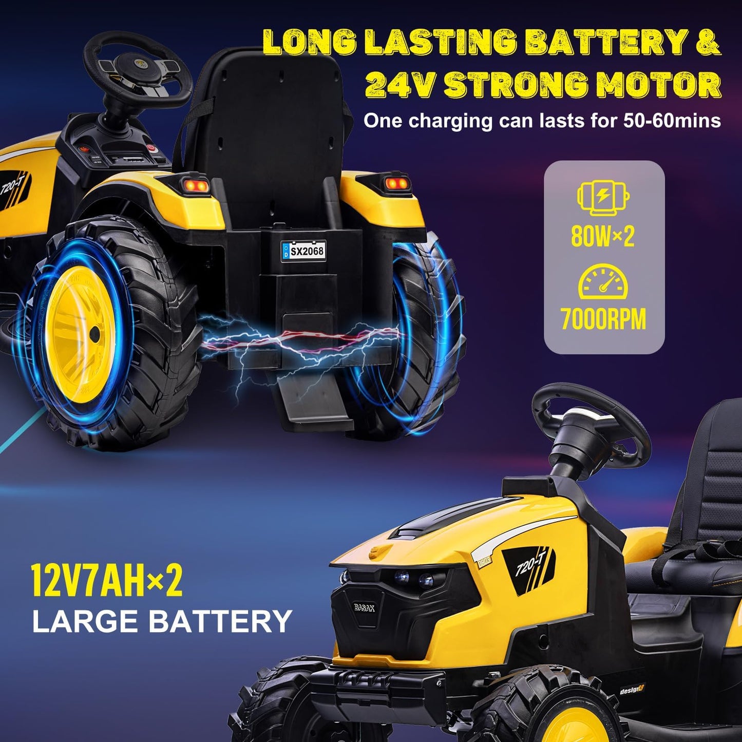 Garvee 4-in-1 Ride on Tractor, 24v Ride on Toys for Big Kids, Remote Control Excavator with Trailer, Shovel Bucket, Digger, Remote Control, EVA Tires, LED Light, Music, USB, Yellow