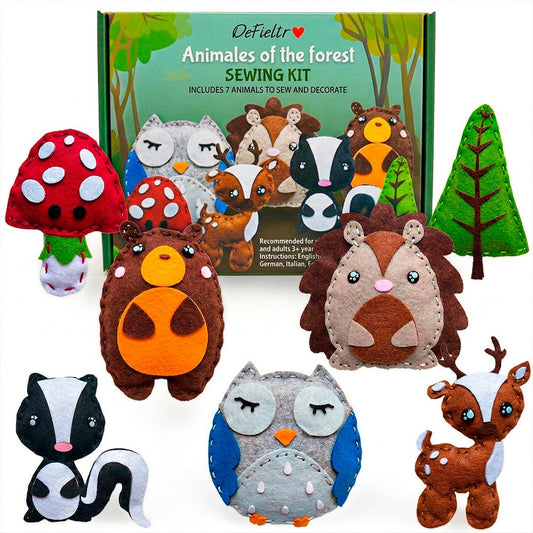 DeFieltro Sewing Kit for Kids - DIY Forest Animals Kids Sewing Kit for Beginners Ages 7-12, Educational Craft Kits with 7 Felt Figures, Safe Plastic Needles and Accessories