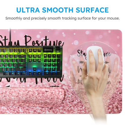 iCasso Mouse Pad,Large Pink Desk Mat Set, 4in1 XXL Mousepad + Keyboard Wrist Rest+Mouse Wrist Rest+Coaster with Ergonomic Desk Pad for Home Office Table Computer Cover -Pink Stay Positive