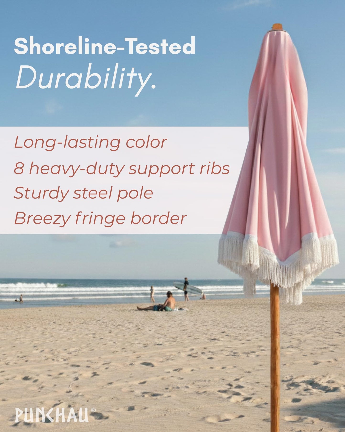 Punchau 6 Ft Fringe Patio Umbrella - Outdoor Umbrella for Patio, Pool, Table, Garden, Deck, and Beach - Push Button Tilt Pole - Fashionable Boho Vintage Tassels and Wood Print - Pink