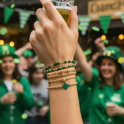 St. Patrick's Day Bracelets for Women,Gold Green Cross Beaded Bracelet Stack,Handmade Green Beads Stretch Stackable Bracelets Set Fashion Festival Party Saint Patricks Day Accessories Outfits Jewelry Gifts
