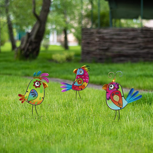 dreamskip 3 Pack Garden Outdoor Metal & Glass Bird Yard Art Decor, Yard Art Decoration for Porch Patio, Garden Statues Sculpture Gifts for Grandma Mom Women (Colorful)
