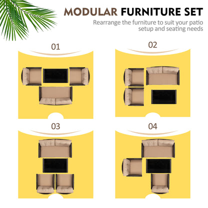 Shintenchi 4 Piece Patio Furniture Set, Outdoor Rattan Conversation Set with Coffee Table, Outside Wicker Sectional Sofa Couch with Cushion, Brown and Khaki