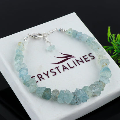 CRYSTALINES Natural Raw Aquamarine Gemstones Bracelets, Healing Crystals, Rough Stones, Handmade Women Jewelry, March Birthstones, Silver Chain-8inch, Christmas Women Gift