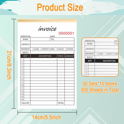 10 Pack Receipt Book, 2-Part Carbonless Sales Invoice Book with Cardboard Copies for Small Boutique Business, (8.3x5.5 Inches, 50 Sets*10) (Invoice)