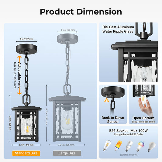 OPAXIS Dusk to Dawn Outdoor Pendant Light Fixtures, Modern Black Outdoor Hanging Lights with Photocell Sensor, Waterproof Exterior Chandelier for Porch, Outside Pendant Lantern with Adjustable Chain