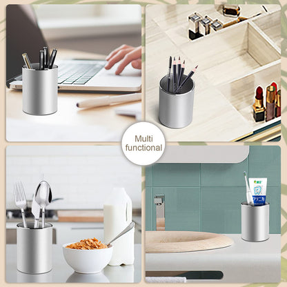 Vaydeer Metal Pen Holder Aluminum Pencil Holder for desk, Round Desktop Organizer and Silver Pencil Cup for Office, School, Home and Stationary Supplies (3.15 x 3.15 x 3.94 Inches)