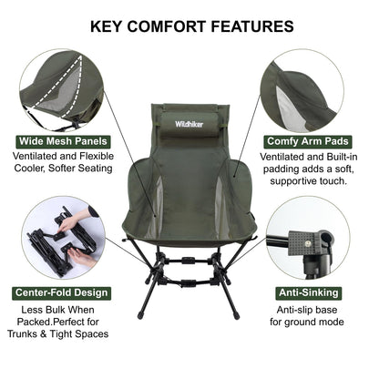 Wildhiker Compact High Back Camping Chair - Foldable with Dual Sitting Modes, Pillow, Arm Pads and Side Pockets - Lightweight Portable Chair for Motorcycle, RV, Festival, Travel - Green