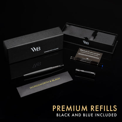 Wordsworth and Black Rollerball Pen - Luxury Pen - All Black Lacquer Finish, Ink Refill, Refillable Gift for Men & Women, Professional Writing, Nice and Fancy Pens and for Work
